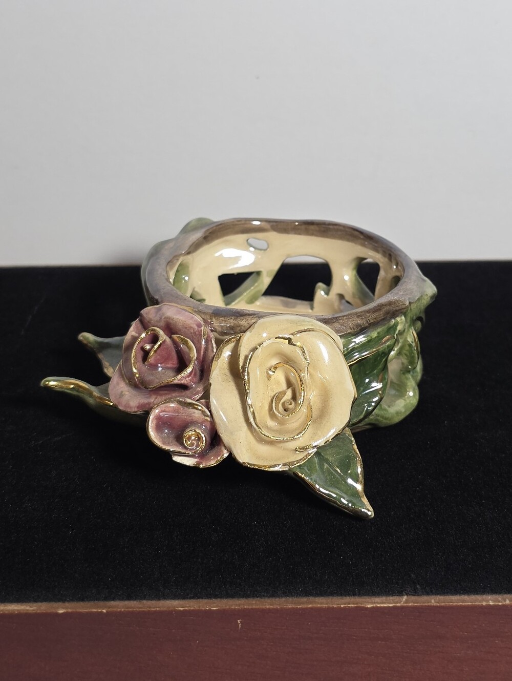 Blue Sky Clayworks Heather Goldminc Rose Candle Ring Holder Ceramic Vintage 2001
